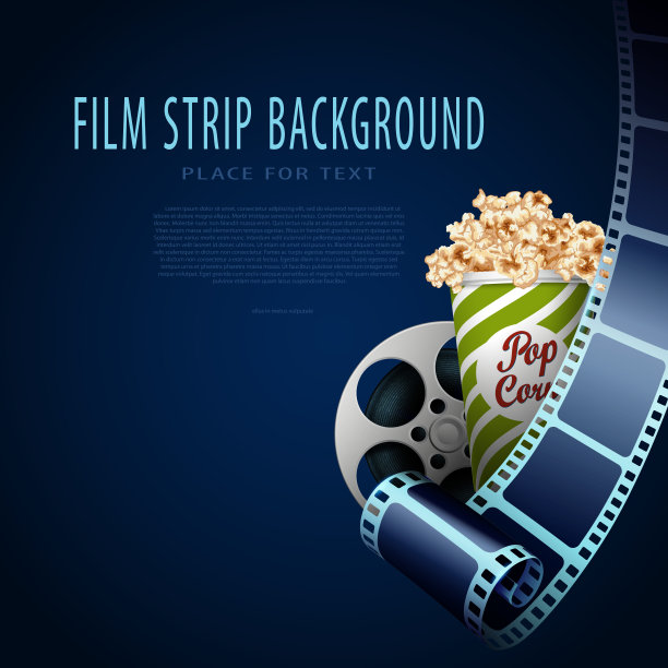 3D电影透视带。胶片条，胶片卷轴，爆米花盒。电影背景。模板节与地方的文本。电影设计节日，宣传册，海报，横幅或传单。向量图片下载