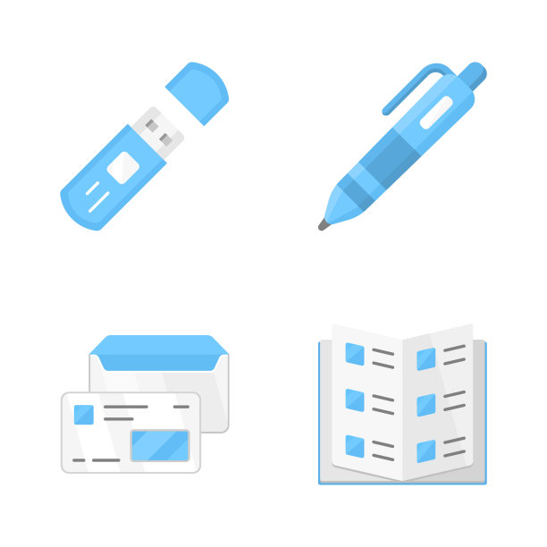 办公室工作属性平面设计颜色图标集。业务配件孤立矢量插图。企业工人的工具。u盘、笔、公司目录和带身份证的信封图片下载
