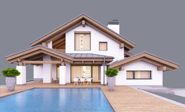 现代住宅的3d渲染在晚上孤立在灰色图片下载