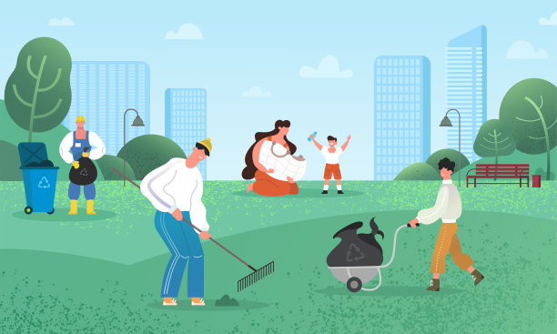 人们和志愿者清洁公园，利用垃圾，分类塑料瓶。生态合作理念图片下载
