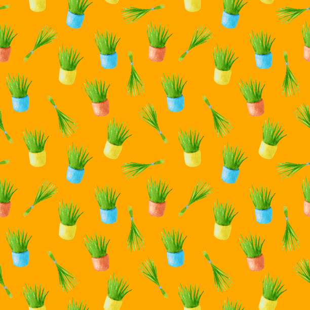 盆景水彩植物与草丛无缝图案。手工绘制的香草在五颜六色的罐子孤立在橙色的背景。包装、卡片、装饰设计。图片下载