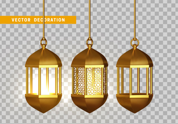 金色复古发光灯笼。阿拉伯语发光灯。图片下载