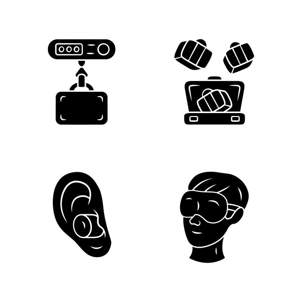 旅行配件字形图标集。数字行李，行李重量，包装立方体。消音耳塞，睡眠眼罩。旅游设备。轮廓符号。向量孤立的插图图片下载