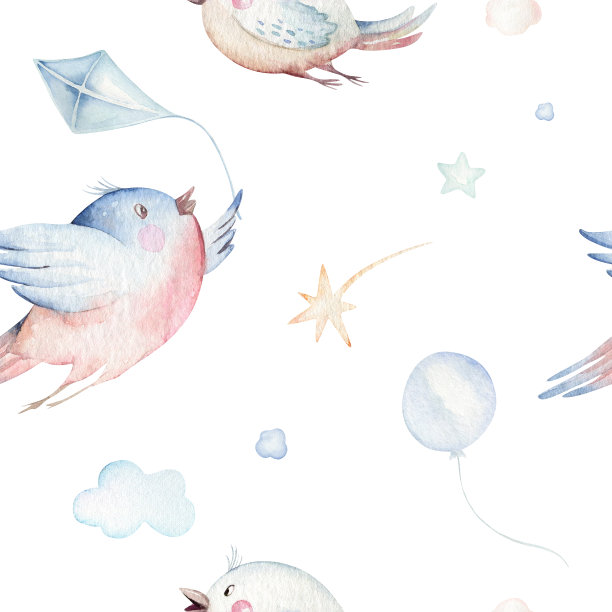 水彩画宝宝卡通可爱的飞行员航空背景插图花哨的天空运输完成与飞机，气球，云彩。幼稚的男孩模式。这是婴儿派对的插图图片下载