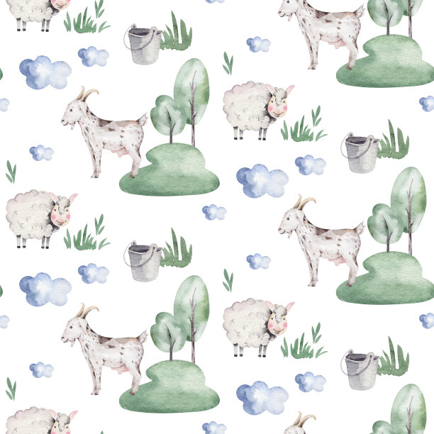 水彩无缝图案与可爱的农场动物山羊、马、鹅、牛。鸡、羊、猪等家畜插画。图片下载