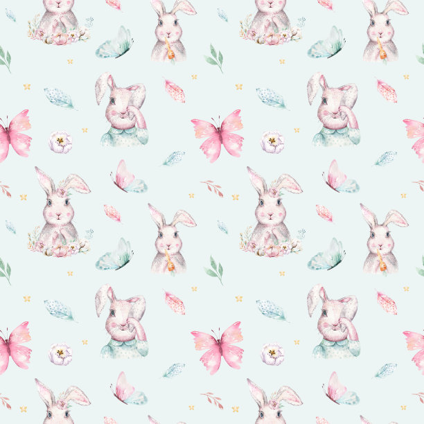 手绘复活节水彩卡通兔子与树叶，树枝和羽毛。靛蓝水彩兔子节日插画复古波西米亚风格。兔子卡片。图片下载