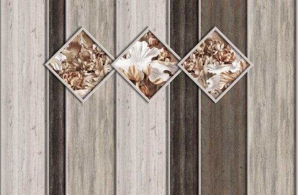 3d壁纸，质朴的木质纹理，花在一框，自然的图案图片下载