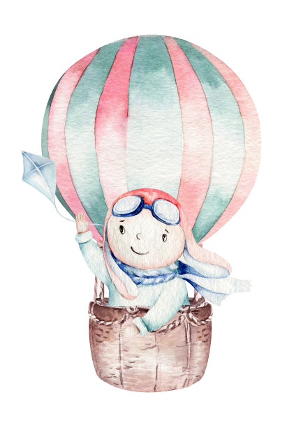 水彩气球宝宝卡通可爱的飞行员航空插图。空中运输气球带着可爱的小男孩，云朵。幼稚的男婴淋浴插图图片下载