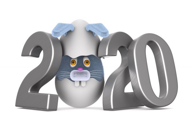 2020年。白色背景上的破蛋和兔子。孤立的3 d演示图片下载