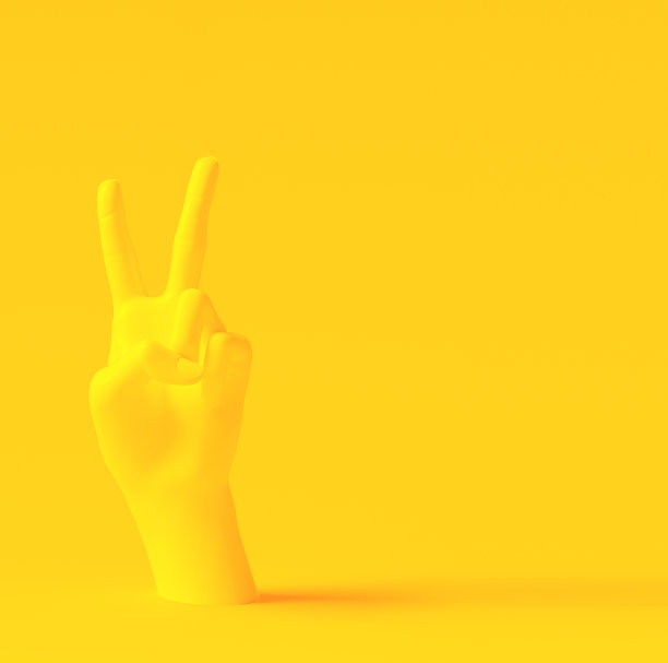 胜利概念宣传横幅设计，两指黄色的手，3d渲染图片下载