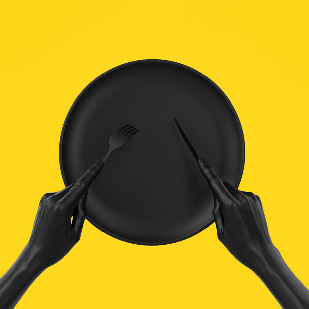 抽象美食餐厅概念横幅。孤立的黑色空板，手握叉和刀，俯视图3d渲染。图片下载