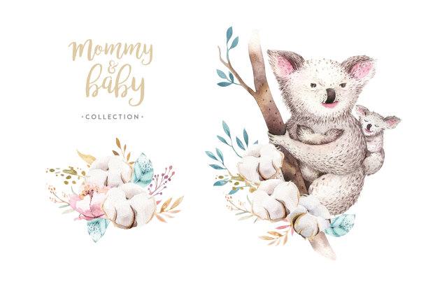 水彩可爱的卡通小婴儿和带花环的考拉妈妈。孤立的热带插图。母婴设计。动物的家庭。孩子喜欢生日画图片下载
