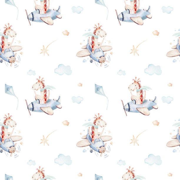 水彩画宝宝卡通可爱的飞行员航空背景插图花哨的天空运输完成与飞机，气球，云彩。幼稚的男孩模式。这是婴儿派对的插图图片下载