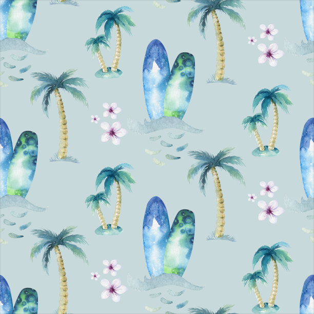 水彩风格无缝冲浪模式的冲浪男人和女人冲浪者的剪影与冲浪板波浪的背景。海洋冲浪夏季设计图片下载