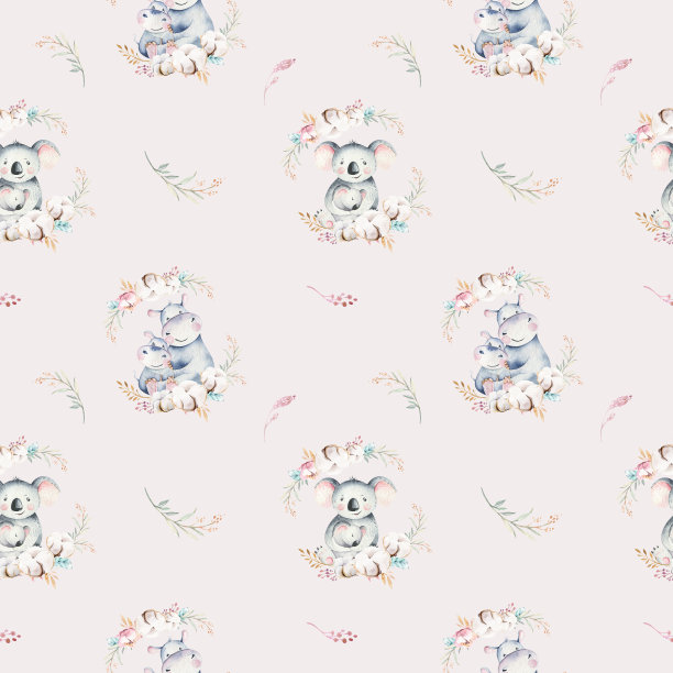 水彩可爱的卡通小婴儿和妈妈考拉河马与花卉花环无缝图案。热带织物背景。母婴设计。动物的家庭。孩子喜欢生日画图片下载