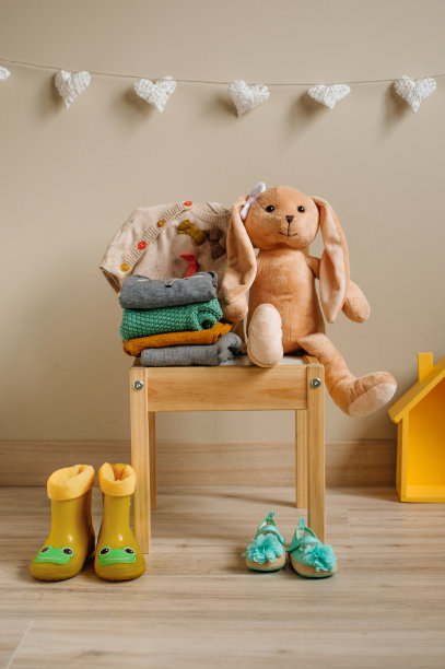 有机棉衣服和鞋子，兔子玩具躺在孩子的椅子上图片下载