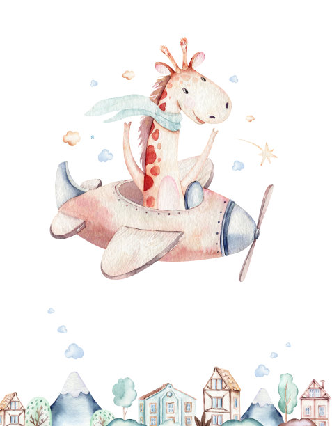 水彩画宝宝卡通可爱的飞行员航空背景插图花哨的天空运输完成与飞机，气球，云彩。幼稚的男孩模式。这是婴儿派对的插图图片下载