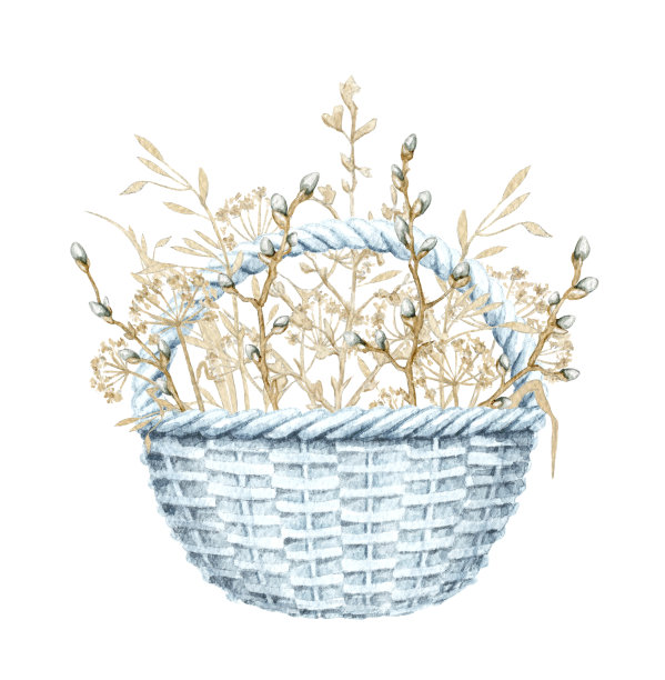 水彩蓝柳条篮子与花束与树枝和干香草图片下载