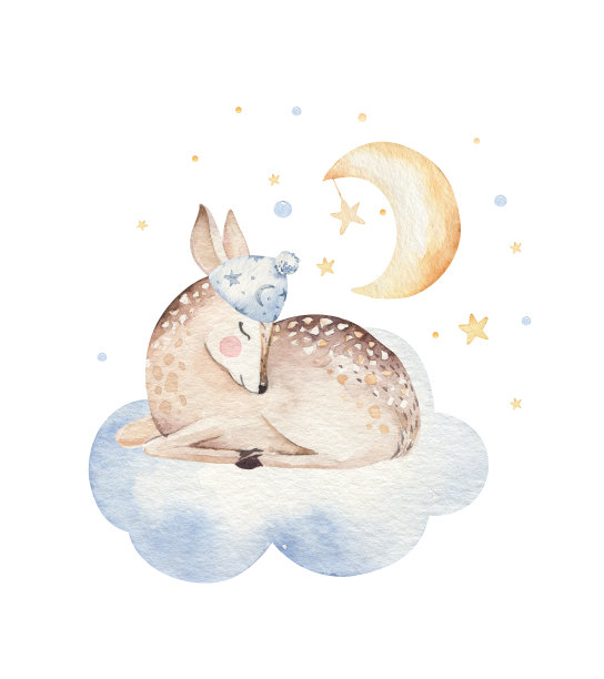 可爱的梦幻卡通鹿动物手绘水彩插图。睡婴童幼儿园服装设计，宝宝送礼会请帖。图片下载