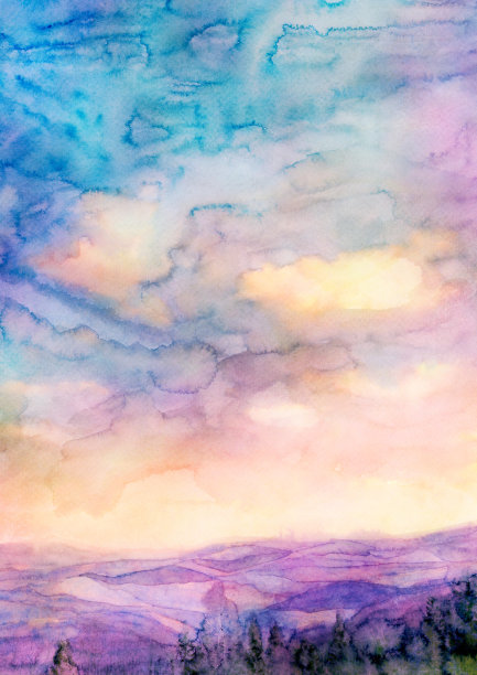 水彩风景山。手画的背景。纹理鲜明的艺术品插图素材图片