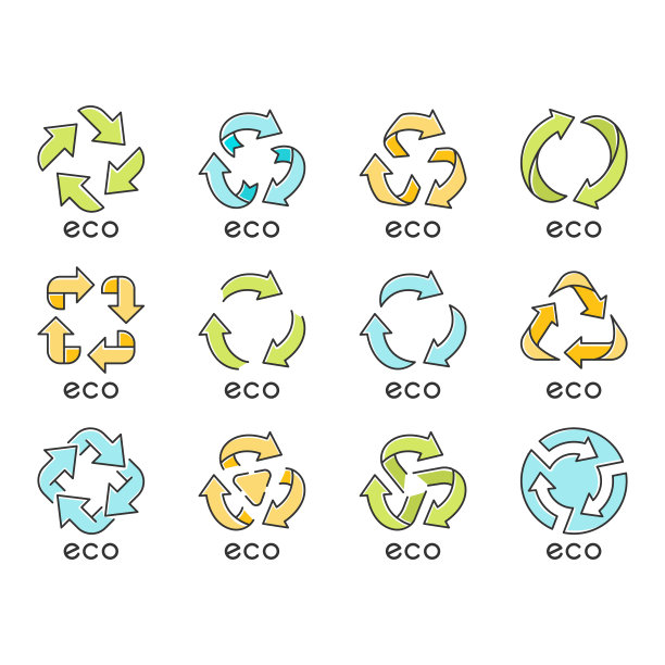 生态标签蓝色，绿色，黄色的颜色图标设置。箭头的迹象。回收标志。替代能源。环保标志。“零浪费”的产品。健康食品。孤立的矢量插图图片下载