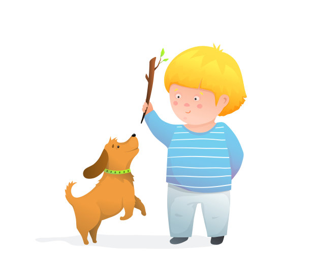 小男孩扔木棍为小狗跳跃快乐和快乐的微笑幽默的孩子插图。图片下载