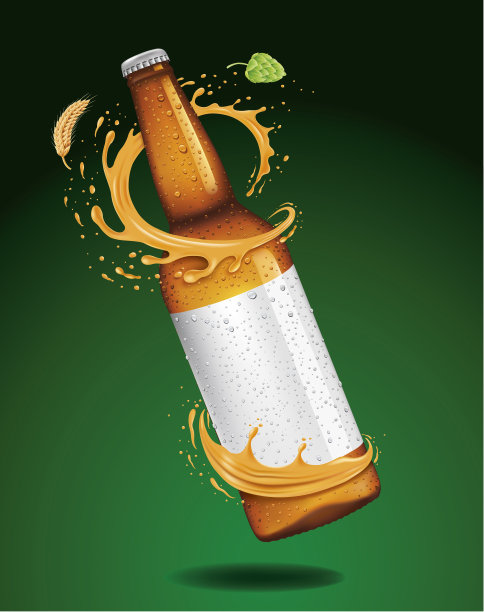 啤酒瓶上绿色背景空白标签，酒瓶周围溅有小麦和啤酒花图片下载