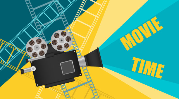 电影节旗帜。用胶片带作为电影节电影海报的电影摄影机。向量,卡通插图。向量。图片下载