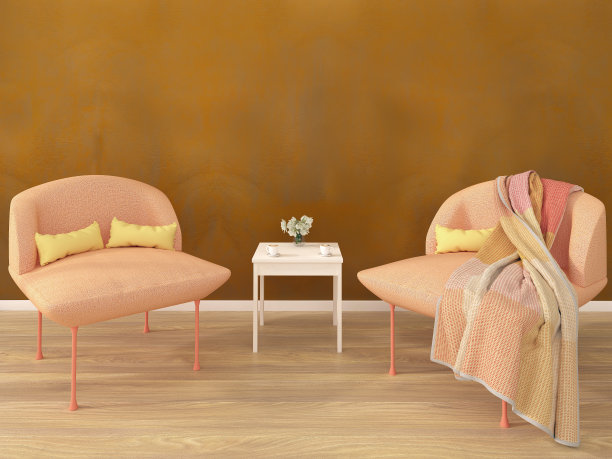 在日光下的一个房间的3D渲染，与橙色青铜手绘墙和现代设计师沙发椅子，颜色为粉红色-橙色图片下载