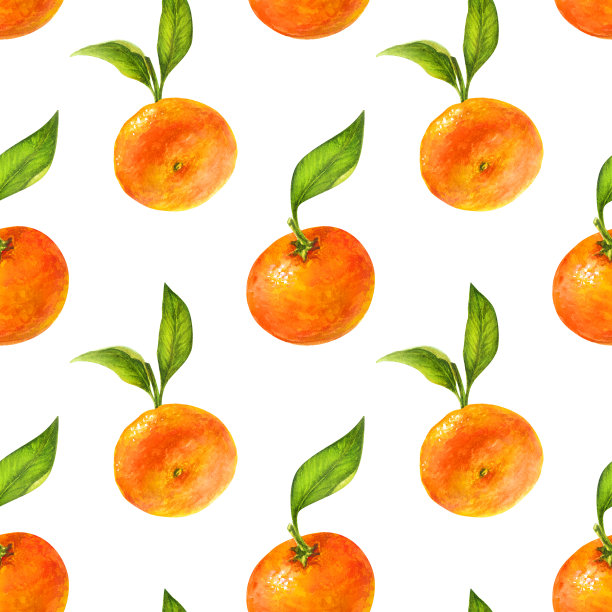 柑橘和绿叶水彩无缝图案素材图片