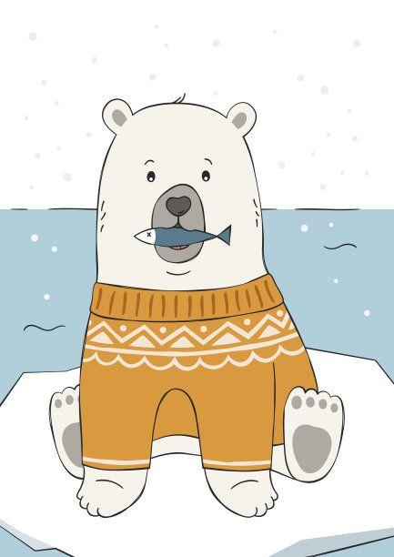 可爱的手绘北极熊在黄色毛衣。有趣的卡通插图。儿童印刷的托儿所，海报，明信片。冬天或圣诞节。向量。图片下载
