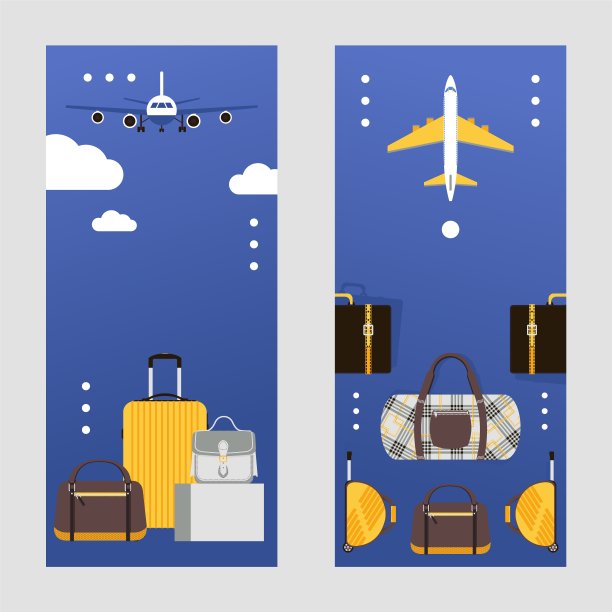 旅行袋上的垂直横幅，手提箱飞机飞行，矢量插图图片下载