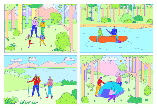 快乐的家庭一起野营，人们在大自然中远足，户外活动冒险，矢量插图图片下载