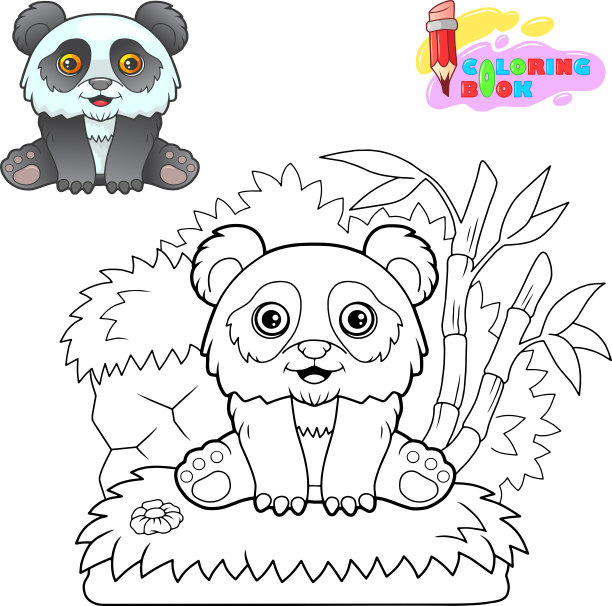 可爱的小熊猫坐在草地上，有趣的插画图片下载