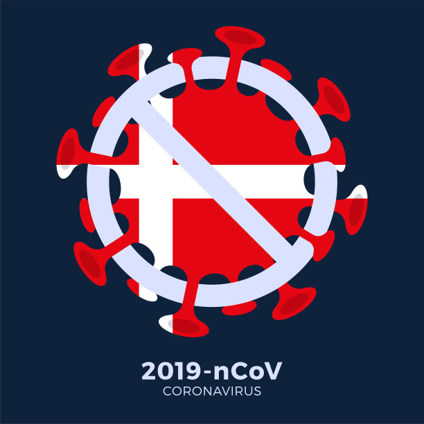 丹麦国旗警告冠状病毒。停止2019 - ncov爆发。冠状病毒的危险和公共卫生风险疾病和流感爆发。危险细胞的流行医学概念。矢量插图。图片下载