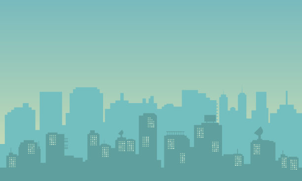 清晨城市建筑的剪影。城市景观图片下载