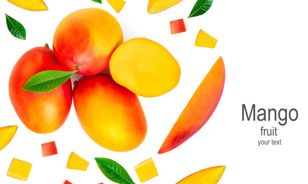 芒果孤立在白色的背景。一堆新鲜的热带芒果俯视图图片下载