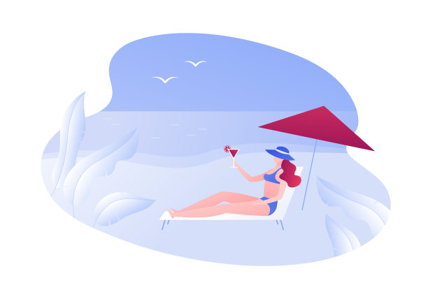 矢量现代平面网络海滩旅行插图。年轻的女性躺在帆布躺椅下，撑着雨伞，在岛上的海景背景下喝着鸡尾酒。设计元素为广告，横幅，网页，广告。图片下载