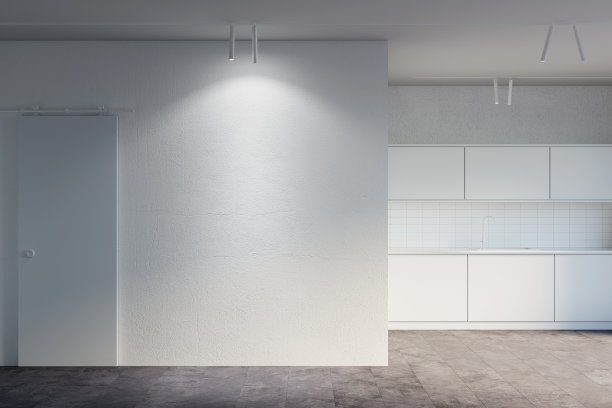 空旷的现代室内，白色墙壁和石头地板，背景是一间厨房。前视图。图片下载