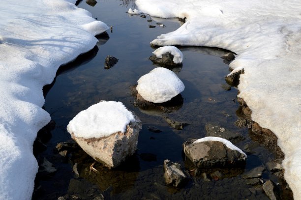 雪在水里融化在石头上。春天的时间图片下载