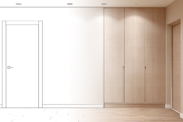 空走廊的草图变成了一个真正的室内，有关闭的门、衣柜、瓷砖地板和一堵空墙。前视图。图片下载