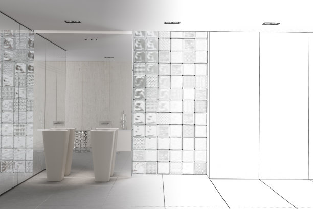 一个极简主义的室内淋浴间的草图，带有窗户和脸盆成为了一个真正的室内。前视图。图片下载