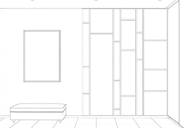 现代走廊室内草图，一张空白海报，长凳，衣柜和瓷砖地板。前视图。图片下载