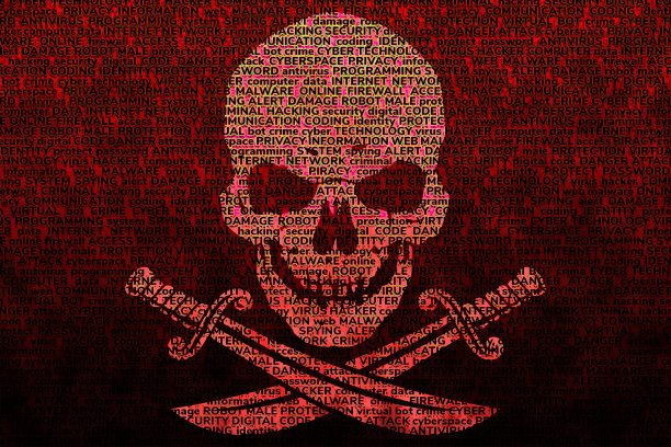 与骷髅旗形成鲜明对比的暗红色背景，由有关计算机技术、计算机病毒和网络攻击的术语组成。图片下载