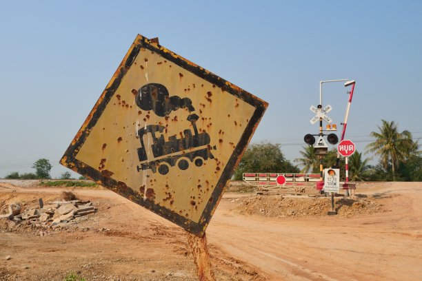 旧的铁路道口标志，土路和蓝天的背景图片下载