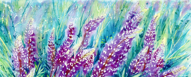 夏天的花绿紫色的背景与图案和水彩污渍模糊图片下载