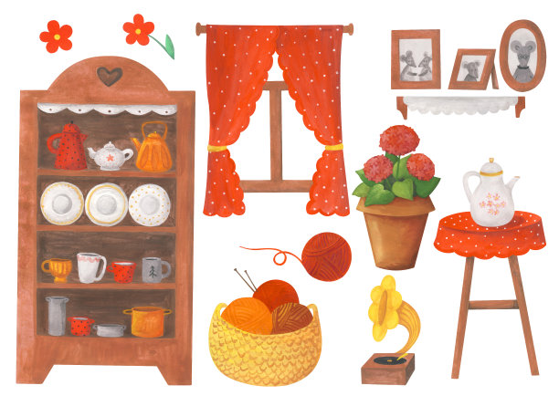 家具和家居装饰。一套可爱的水粉插图图片下载