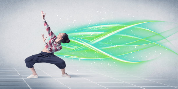 跳街舞的舞者与绿色线条图片下载