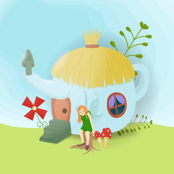 一个有翅膀的神奇小仙女，住在一个茶壶里泡茶，在大自然的草丛和鲜花中图片下载