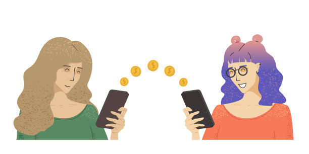 两个女人拿着一个电话，钱被转移到一个网上账户。图片下载